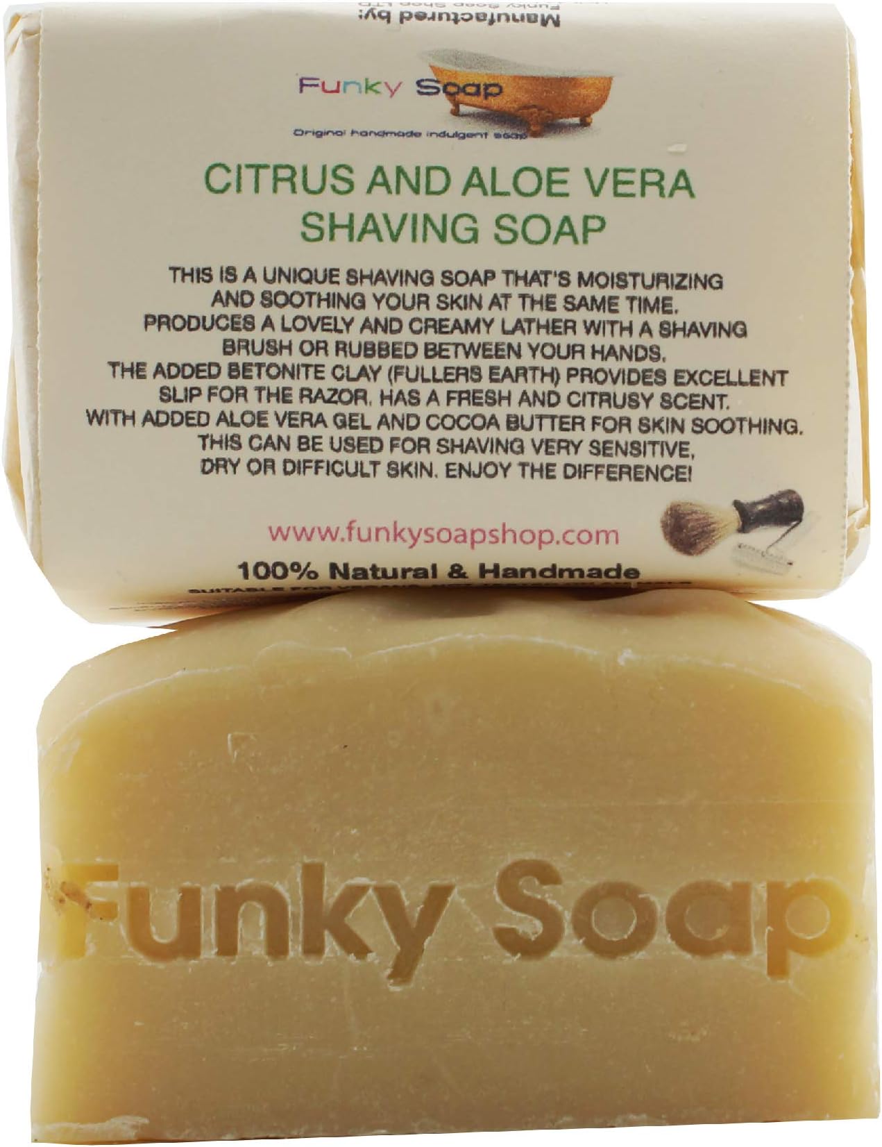 Funky Soap Citrus & Aloe Vera Shaving Soap Bar 100% Natural Handmade, 1 bar of 120g