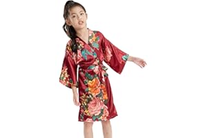 QXQTER Peony Floral Silk Kimono Robe Wedding Bridesmaid Robes Dressing Gown Nightgown for Girls
