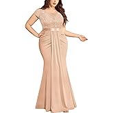 MISSMAY Women's Plus Size Double V Neck Sequin Lace Contrast Ruched Bodycon Mermaid Hem Formal Maxi Dress
