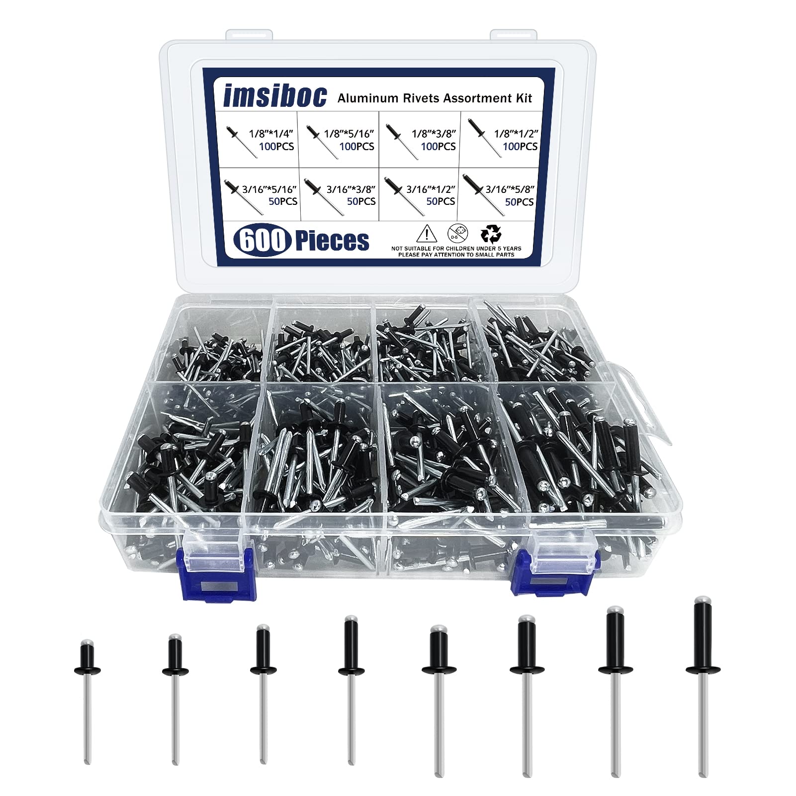 600PCS Black Pop Rivets, 8 Sizes of Aluminum Blind Rivets Assortment Kit（1/8