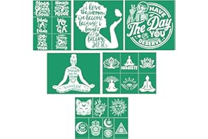 JAJADO Self Adhesive Silk Screen Stencils 6 Pcs, Celestial Sun and Moon Chalk Mesh Transfers Motivational Paint Stencils for Painting Wood, Fabric, Mug, Home Bathroom Coffee Bar Yoga Room Decor