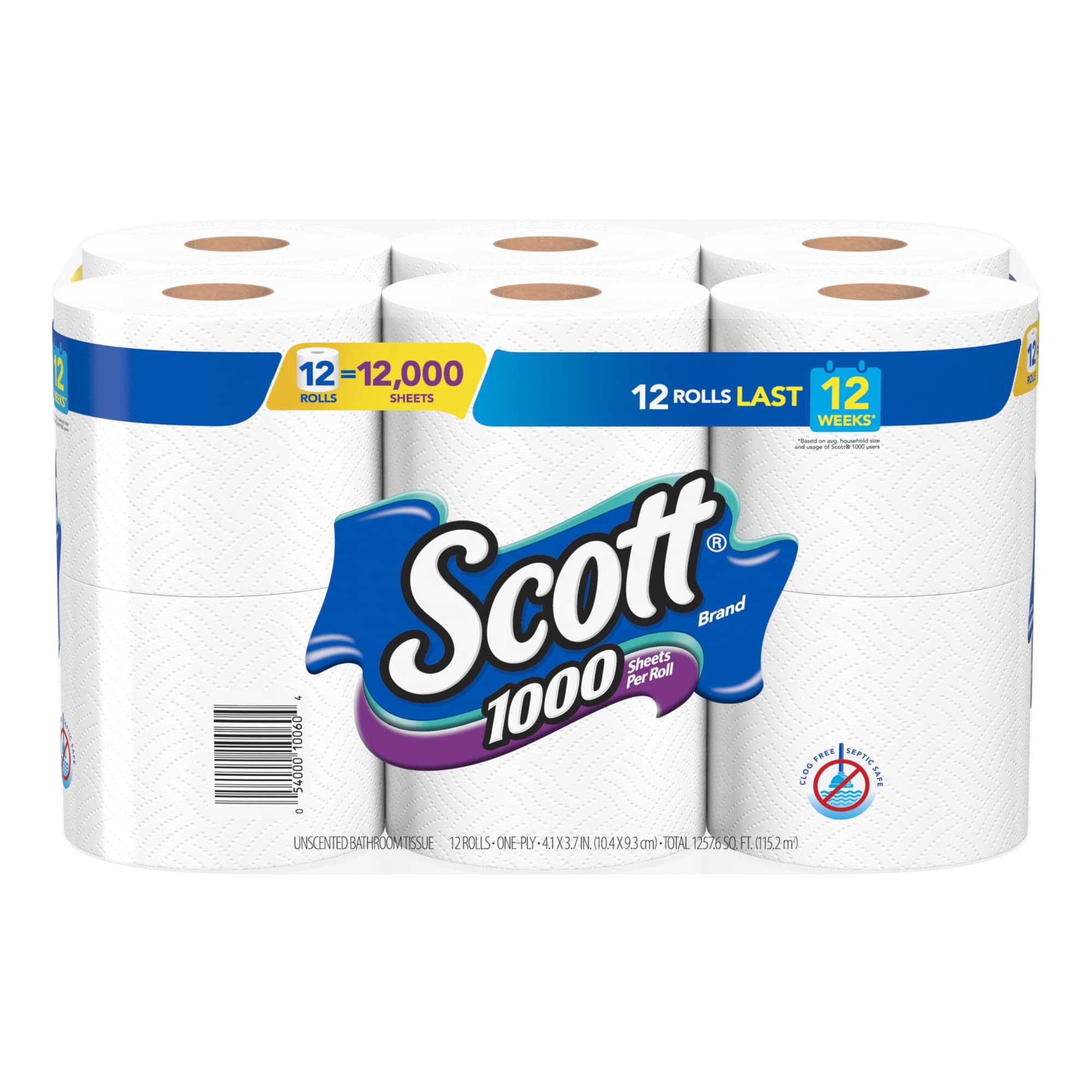 Photo 1 of Scott 1000 Sheets Per Roll Toilet Paper, 12 Rolls, Bath Tissue