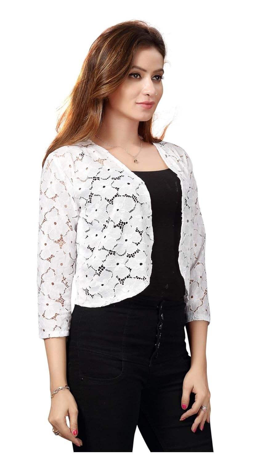 bfly women's netted stylish short shrug (white)