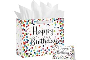 Horaldaily 13" Large Birthday Gift Paper Bags with Tissue Paper and Card, Happy Birthday Dots Streamers Gift Paper Bag for Men Women Kids Birthday,1Pcs