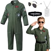 Kids Pilot Costume, 4-Piece Flight Suit for Halloween and Career Day | Complete pilot costume set with flight suit, aviator sunglasses, dog tag and belt for Halloween, career day and role play.