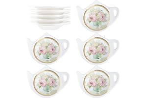 Bicuzat Floral Tea Bag Holder with Golden Trim Tea Porcelain Accessories Teapot Shaped Tea Bag Coaster Resting Caddy Saucer 4 Inch/10cm-Set of 10