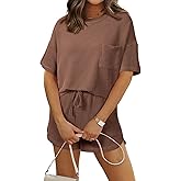 SHEWIN 2 Piece Sets for Women Summer Short Sleeve Shirts High Waisted Shorts with Pockets Lounge Matching Set