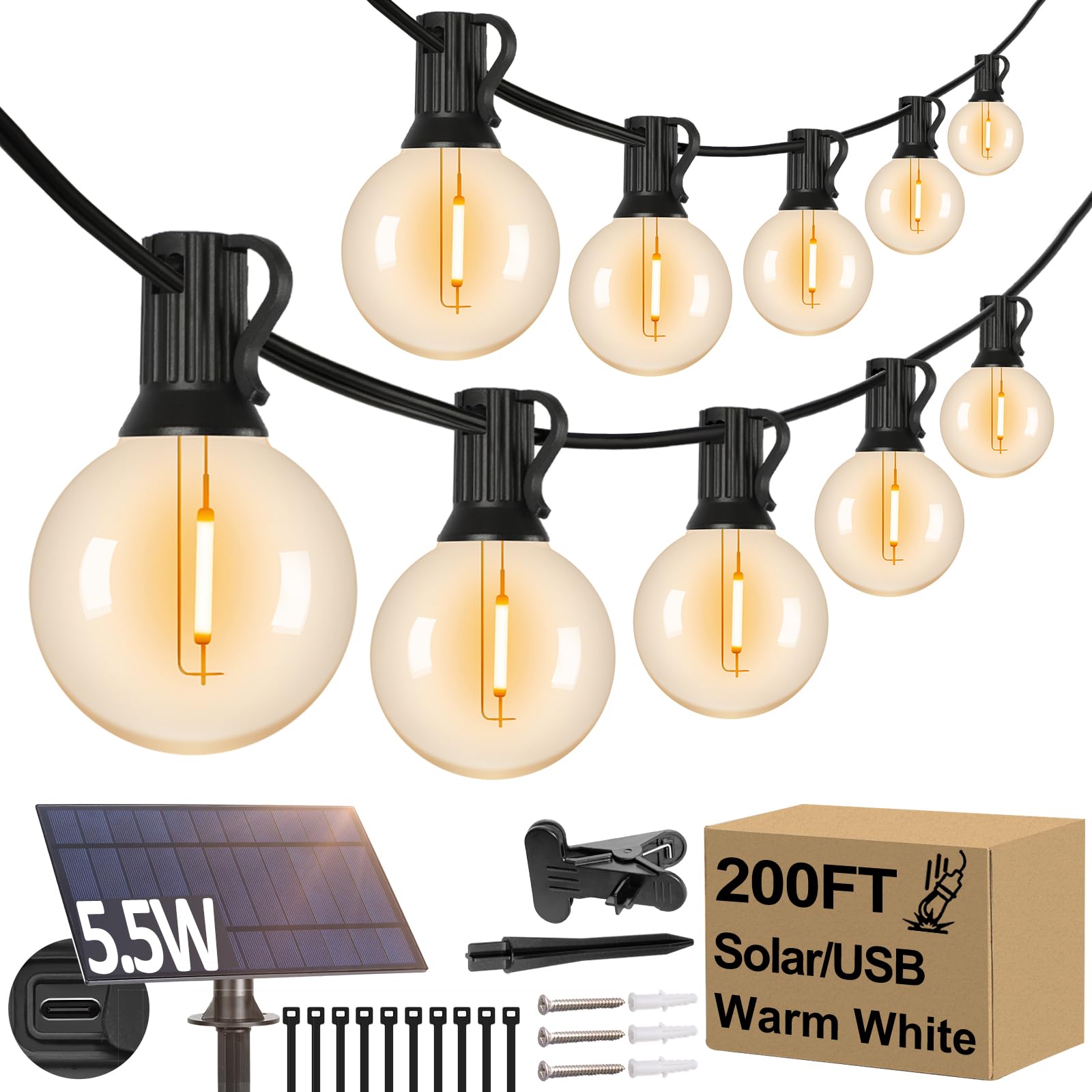 Photo 1 of 200FT(2 x100FT) G40 Solar String Lights, Globe Outdoor String Lights with 104 E12 Waterproof LED Bulbs, 2700K Shatterproof Patio Lights, Solar Powered Hanging Lights for Christmas Patio Backyard Porch