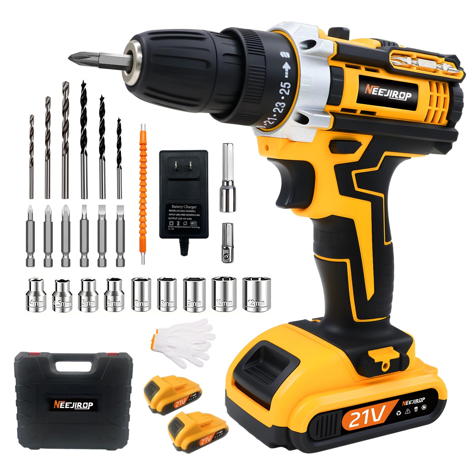 Electric Screwdriver, Impact Driver, 21 V, Electric Drill, Power Tools, Up to 42 N.m, 1500 mAh, 25 Levels of High Torque Adjustment, Compact, Lightweight, No-Randomly Shifter, Set