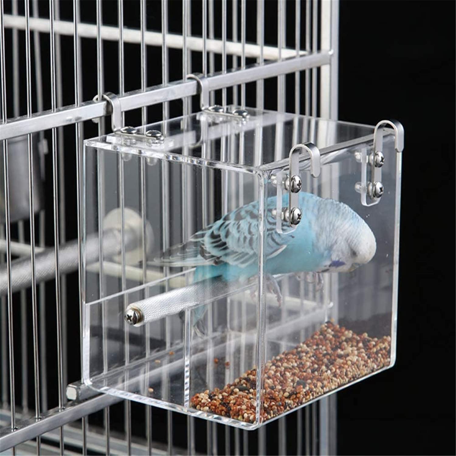 Photo 1 of ***HAS LARGE CRACK ON TOP-SEE PIC**Automatic Bird Feeder No Mess Bird Cage Pet Feeder Seed Food Container for Parakeet Canary Cockatiel Parrot Finch Canary Acrylic (8.3 x 8.3 x 8.3 inch)