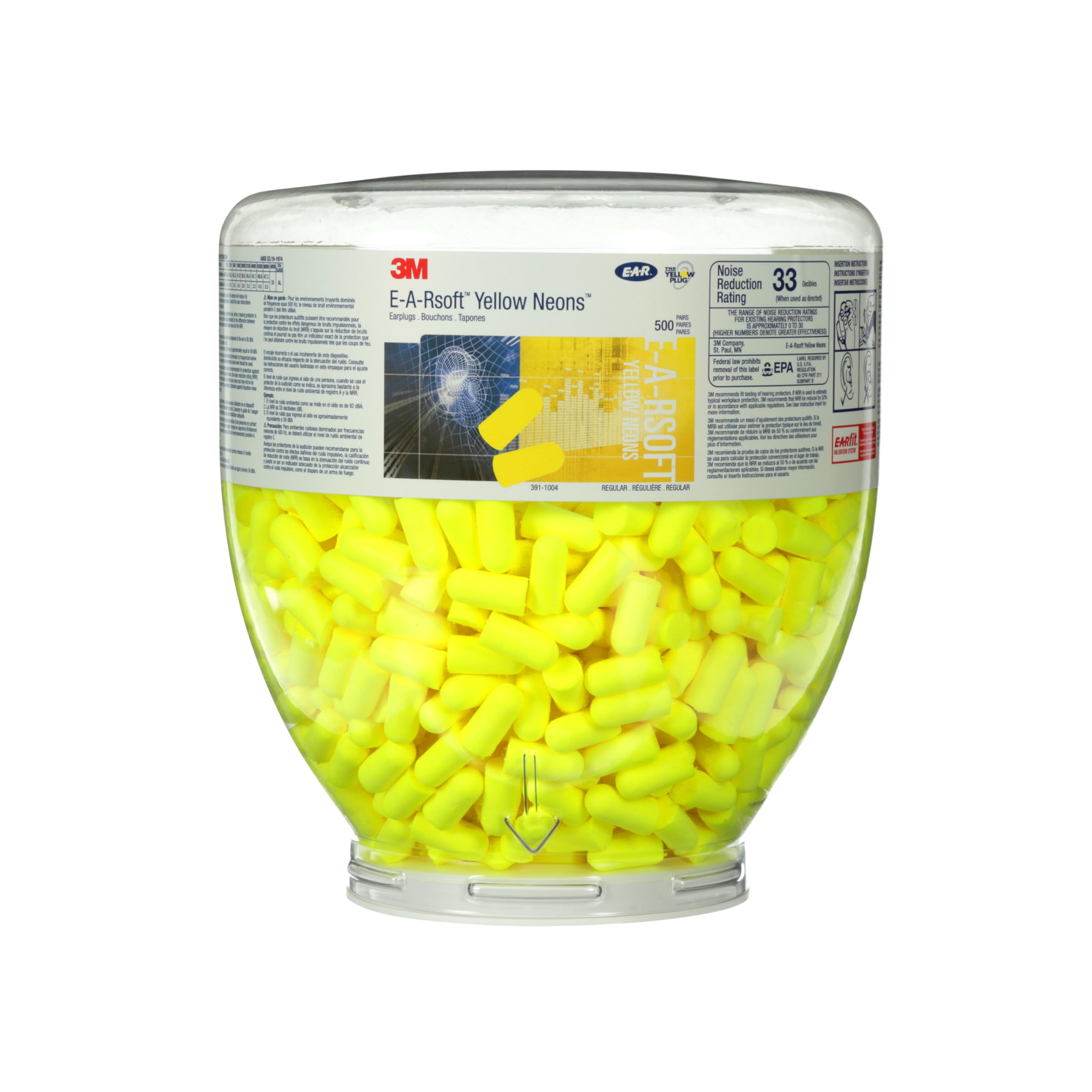 3M E-A-R E-A-Rsoft Yellow Neons Earplugs, 36 dB, Refill Bottle, 500 Pairs/Bottle, PD-01-002
