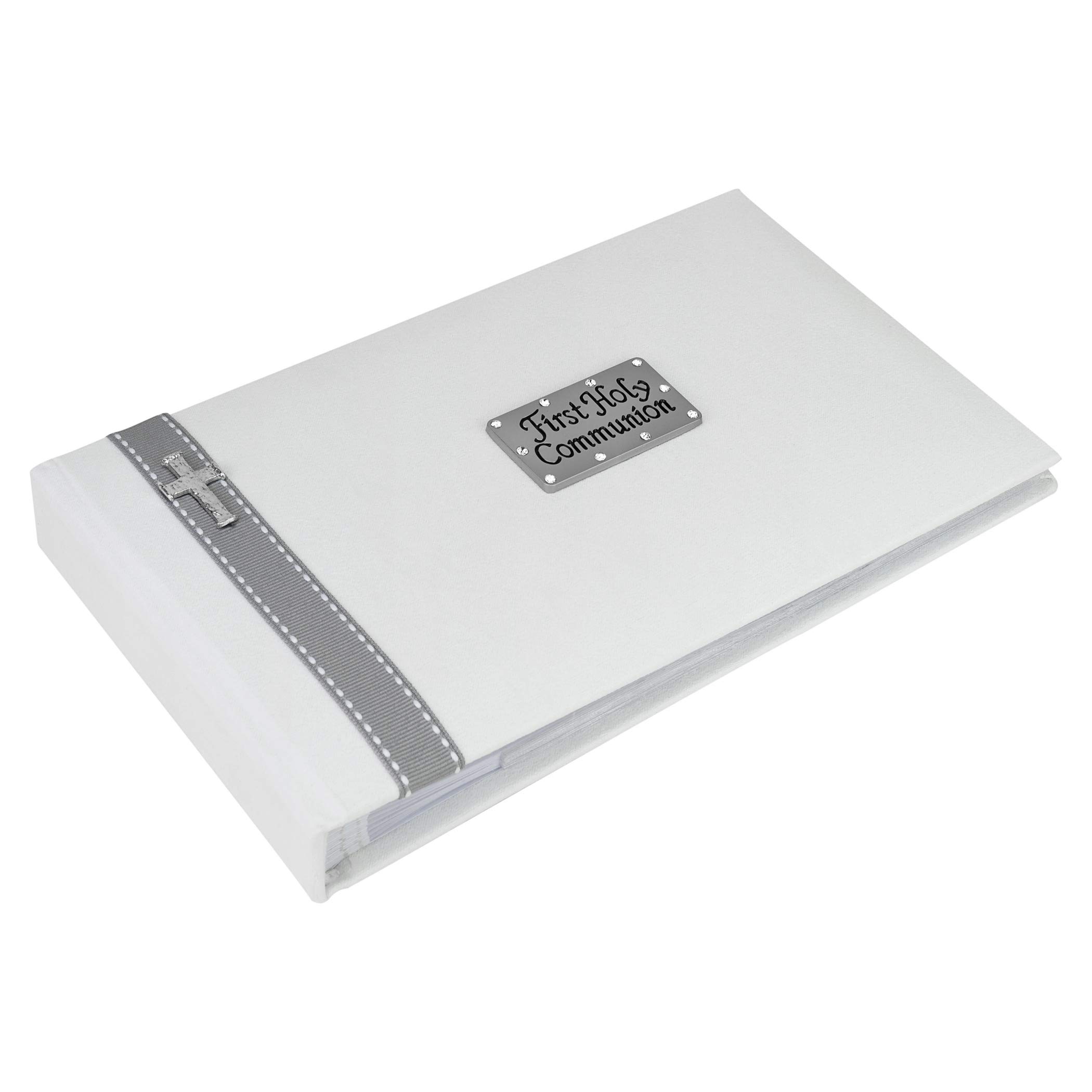 First Holy Communion photo album with a smart, soft grey ribbon and a smart pewter cross. Gift by Metal Planet UK.