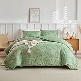 Garden Style Green Comforter Set Queen Vintage Flower Bedding Comfortet Set Soft Microfiber Bedding Set 1 Green Floral Comforter and 2 Pillowcases Chic Botanical Comforter Set for Girls Women
