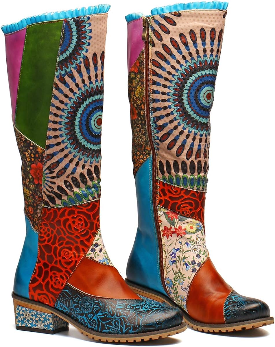 Langschaft Stiefel Damen Leder - Cowboy Stiefel Mit Blockabsatz Flach