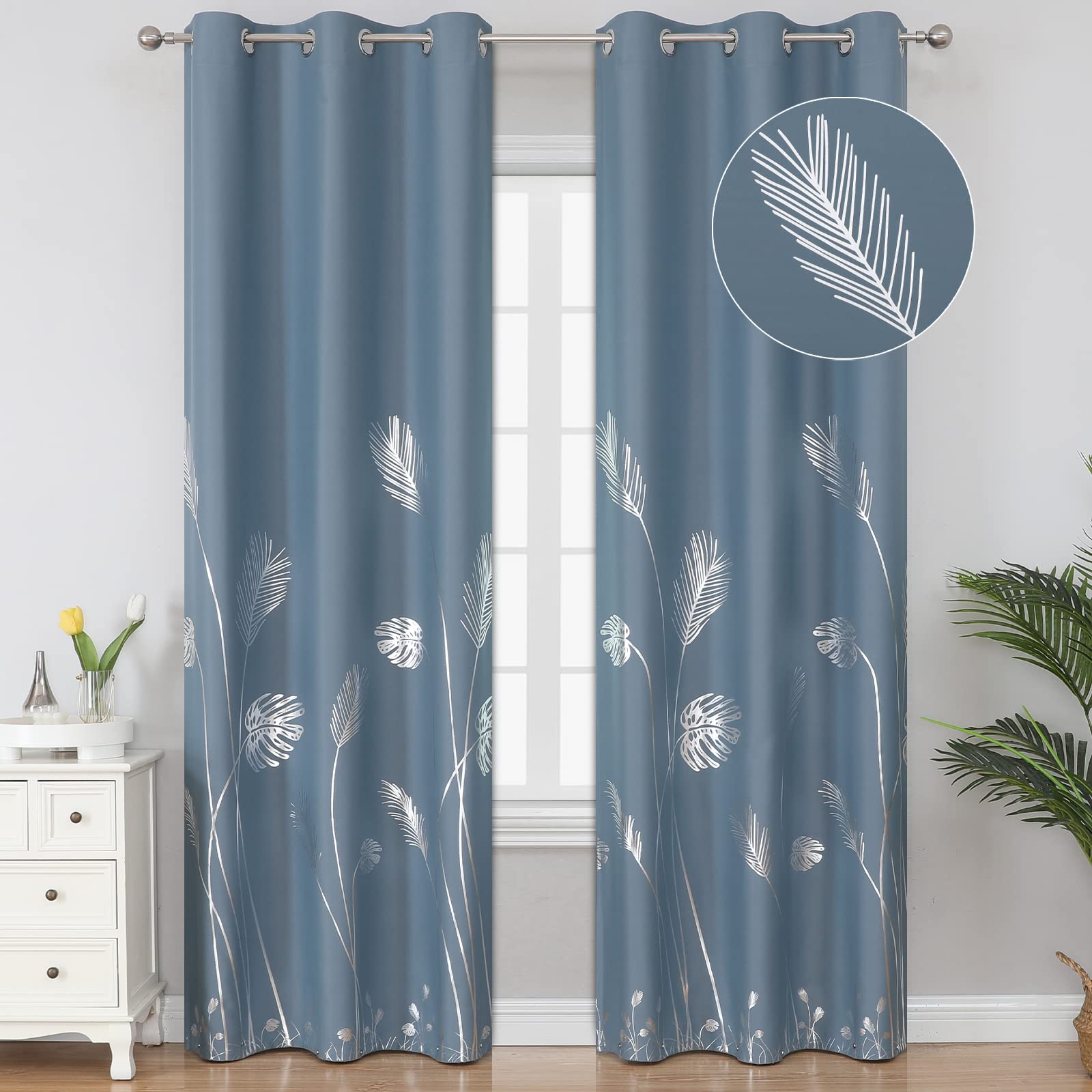 Estelar Textiler Stone Blue Blackout Curtains for Living Room,Room Darkening Curtains with Silver Palm Tree Pattern, Light Blocking Thermal Insulated Window Drapes for Boys Bedroom,38Wx84L,2 Panels