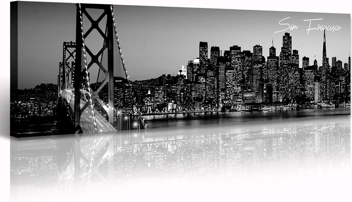 Black and White Panoramic San Francisco Cityscape Picture Wall Decor Stretched Canvas Art Prints for Bedroom or Office Framed and Ready to Hang 13.8" x 47.3" - San Francisco 2