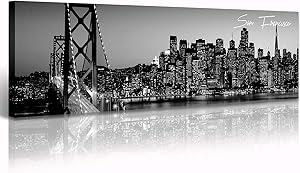 Black and White Panoramic San Francisco Cityscape Picture Wall Decor Stretched Canvas Art Prints for Bedroom or Office Framed and Ready to Hang 13.8" x 47.3" - San Francisco 2