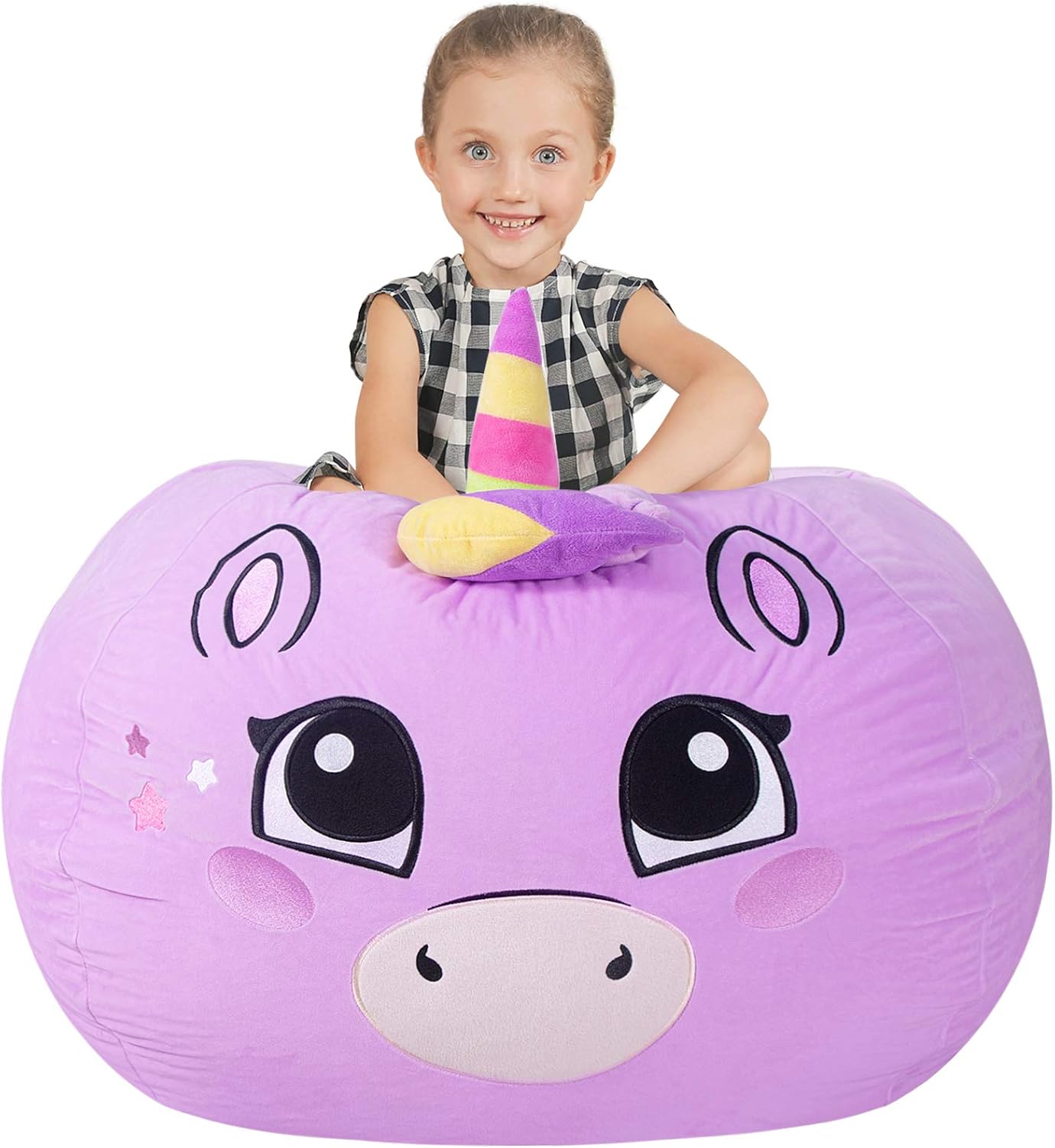 Aubliss Stuffed Animal Storage - Unicorn Bean Bag Chair - Velvet Cover Only - Large Stuff and Sit for Kids Toy Storage (38", Purple)