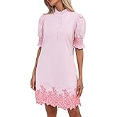 YEXPINE Women's Summer Embroidered Mini Dress Short Puff Sleeve Ruffle Collar Button Front Shift Dress