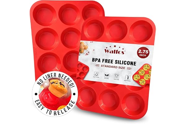 Walfos Silicone Muffin Pan - 12 Cups Regular Cupcake Pan, Non-Stick Silicone Muffin Tin for Egg Muffin, Cupcake, Tart, Bread,