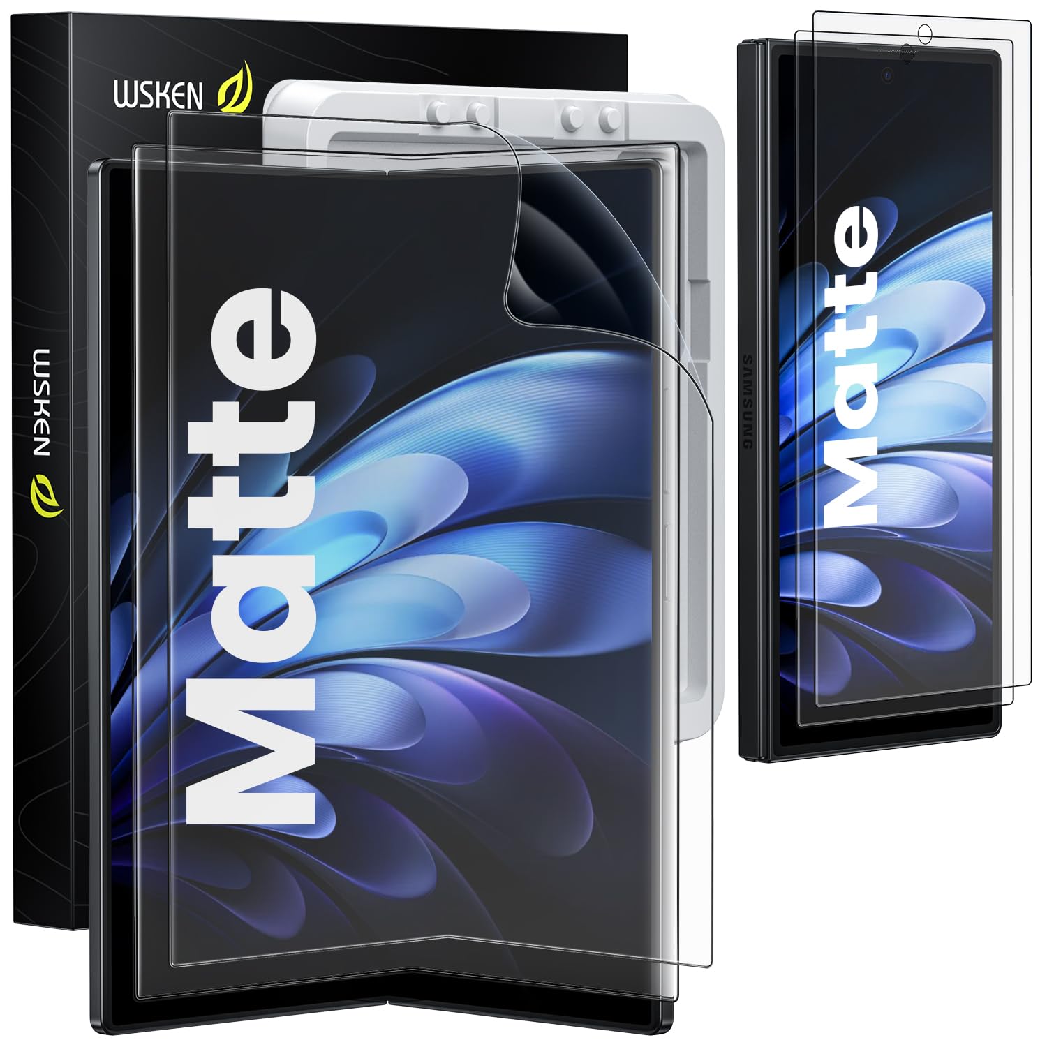 WSKEN Matte Screen Protector for Samsung Galaxy Z fold 7 - [Anti-Glare & Anti-Fingerprint] [Smooth as Silk] [Inside Flexible TPU Film + Front Tempered Glass] With Auto Fit Case,2 Pack