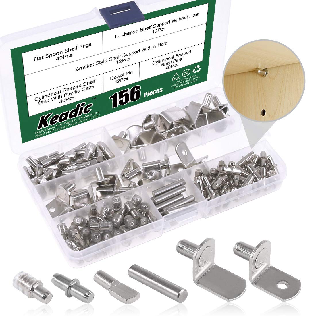 Keadic 156Pcs 5mm Shelf Pegs Kit, 5 Styles Nickel Plated Shelf Support Pins with Plastic Caps for Kitchen Cabinet Bookcase Furniture and More