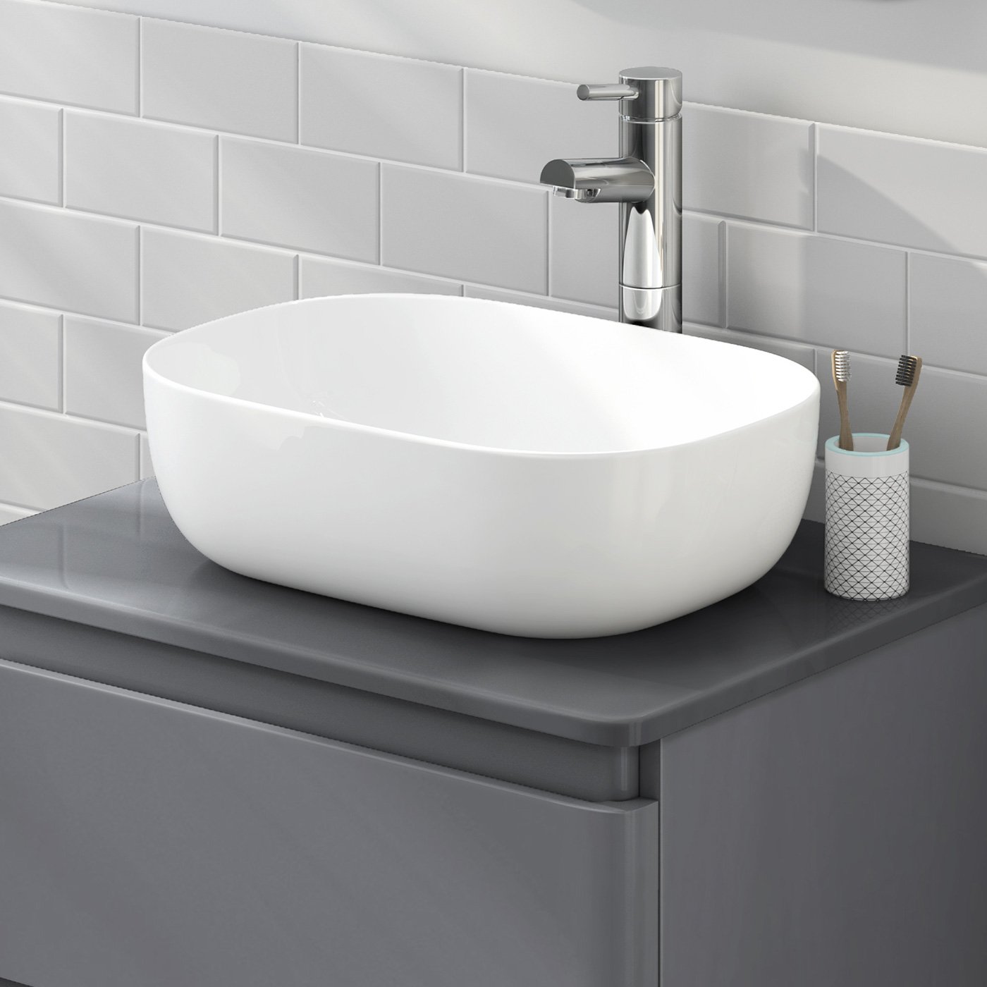 Ibathuk Modern Curved Countertop Sink Wash Basin Gloss White