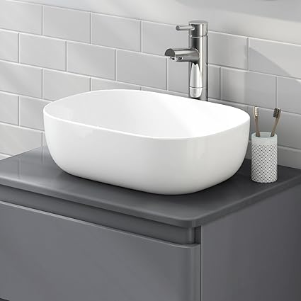 Ibathuk Modern Curved Countertop Sink Wash Basin Gloss White