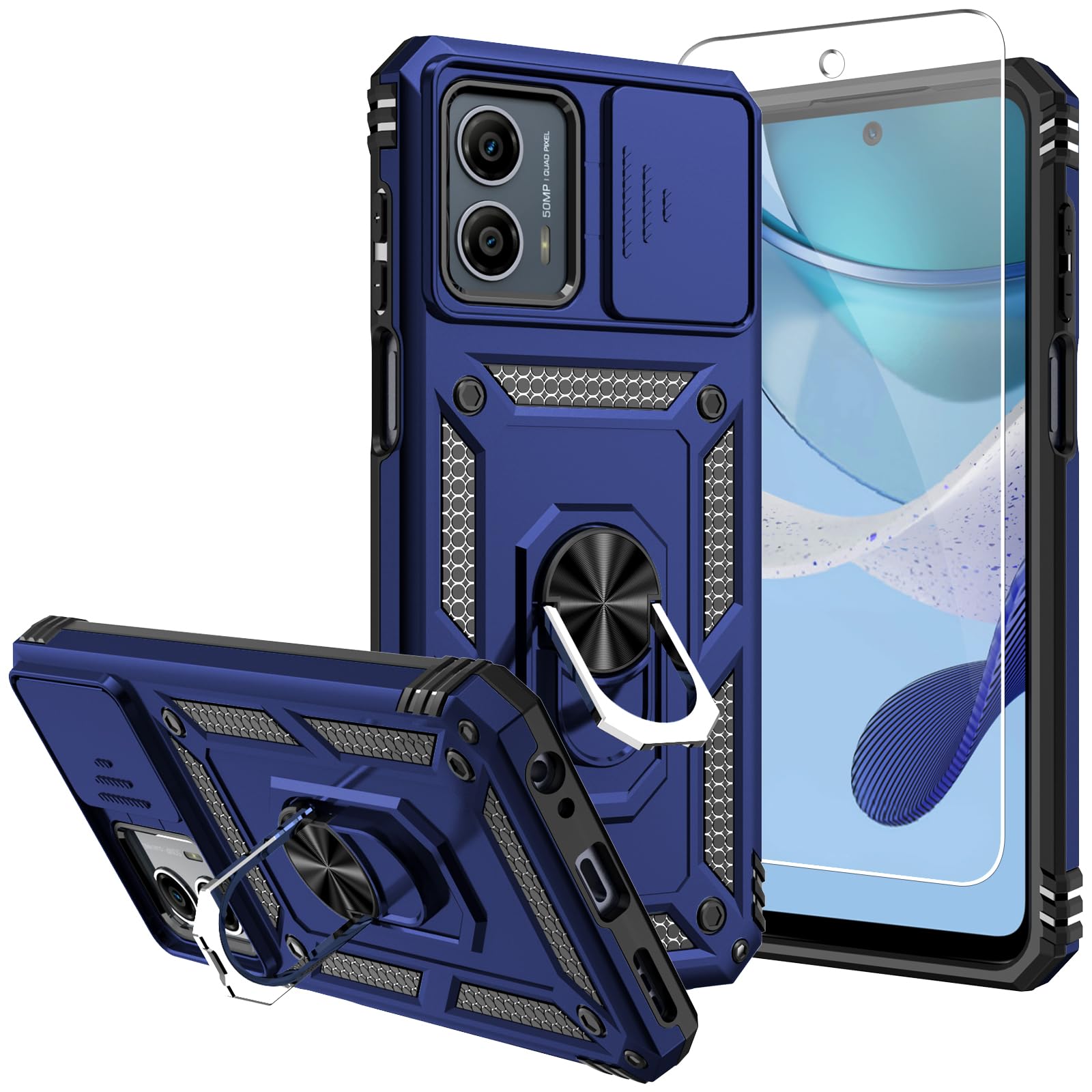 for Moto G 5G 2023 Case,[Not for 2022 Version] with Screen Protectors and Camera Cover,[Military Grade] 16ft.Drop Tested Cover with Magnetic Kickstand Protective Case for Motorola G 5G 2023, Blue