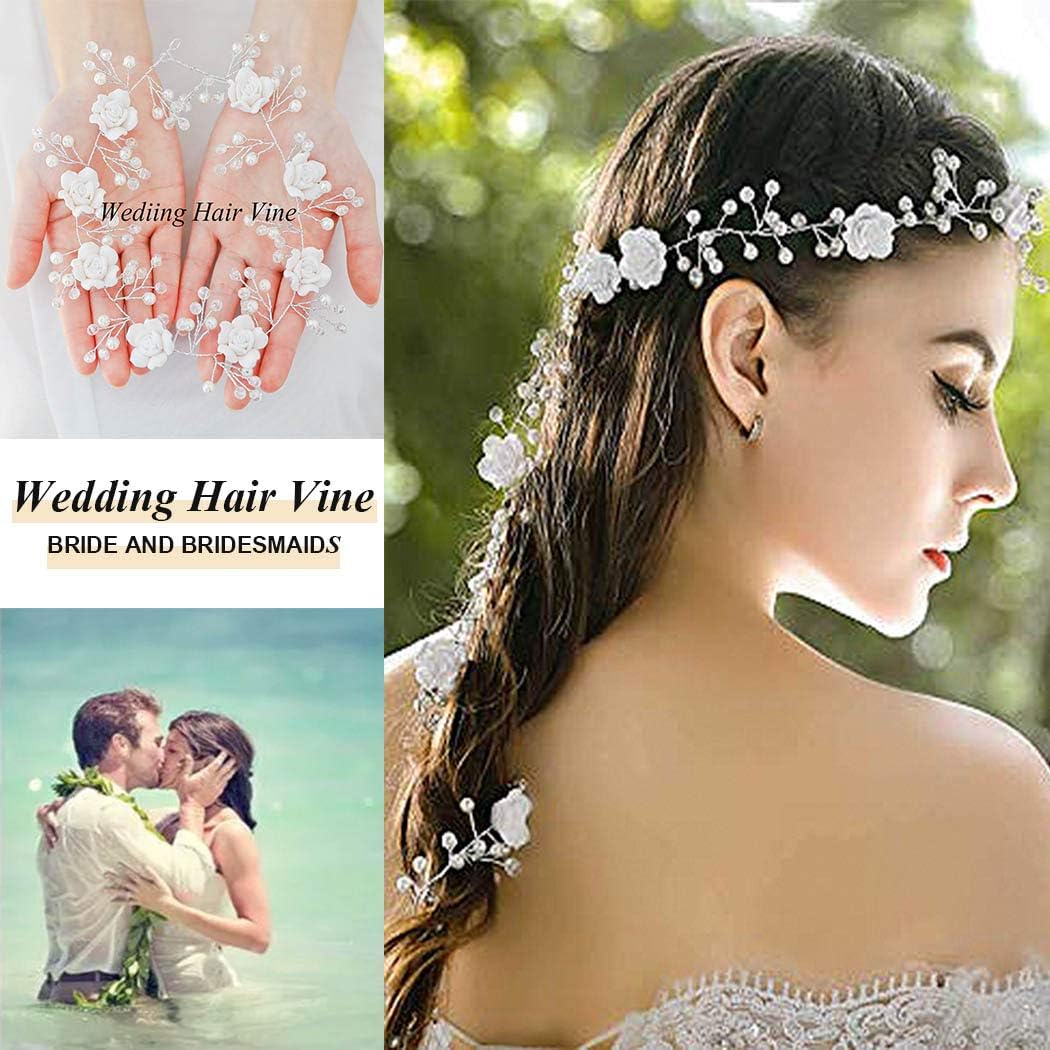 Catery Bride Wedding Headband Silver Flower Hair Vine Crystal Pearl Hair Piece Boho Accessories for Women and Girls