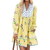 Wenrine Womens Casual Floral Mini Dress 2025 Fall Long Sleeve V Neck Patchwork Loose Boho Shirt Dresses