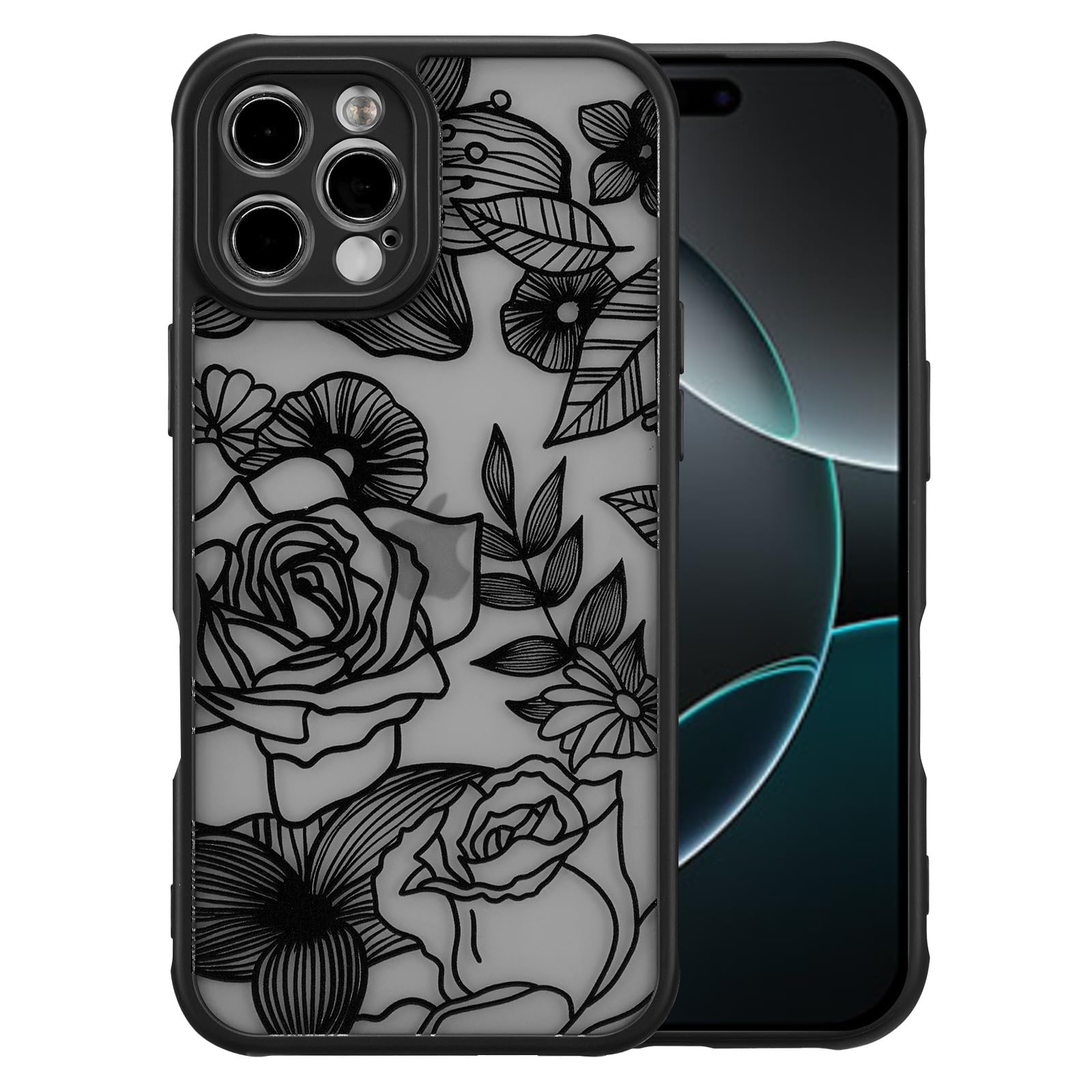 XIZYO Case for iPhone 16 Pro Max 6.9 Inch, Cute Frosted Translucent Rose Floral Flower Pattern Shockproof Cover, for Girls Women Luxury Soft TPU Protective Phone Case, Black