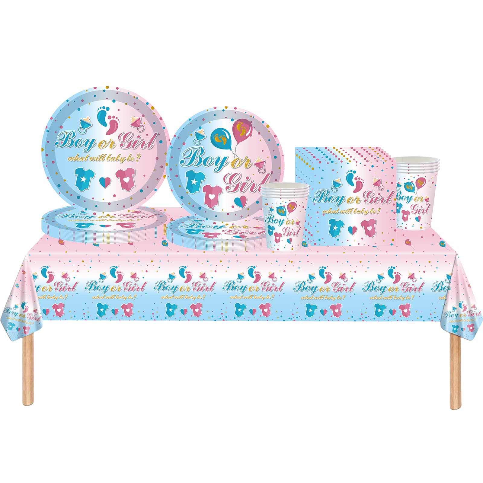 Little Foot Baby Shower Gender Reveal Tableware for Girls & Boys - She or He Theme Cloth, Plates, Napkins, Cups - 69Pcs