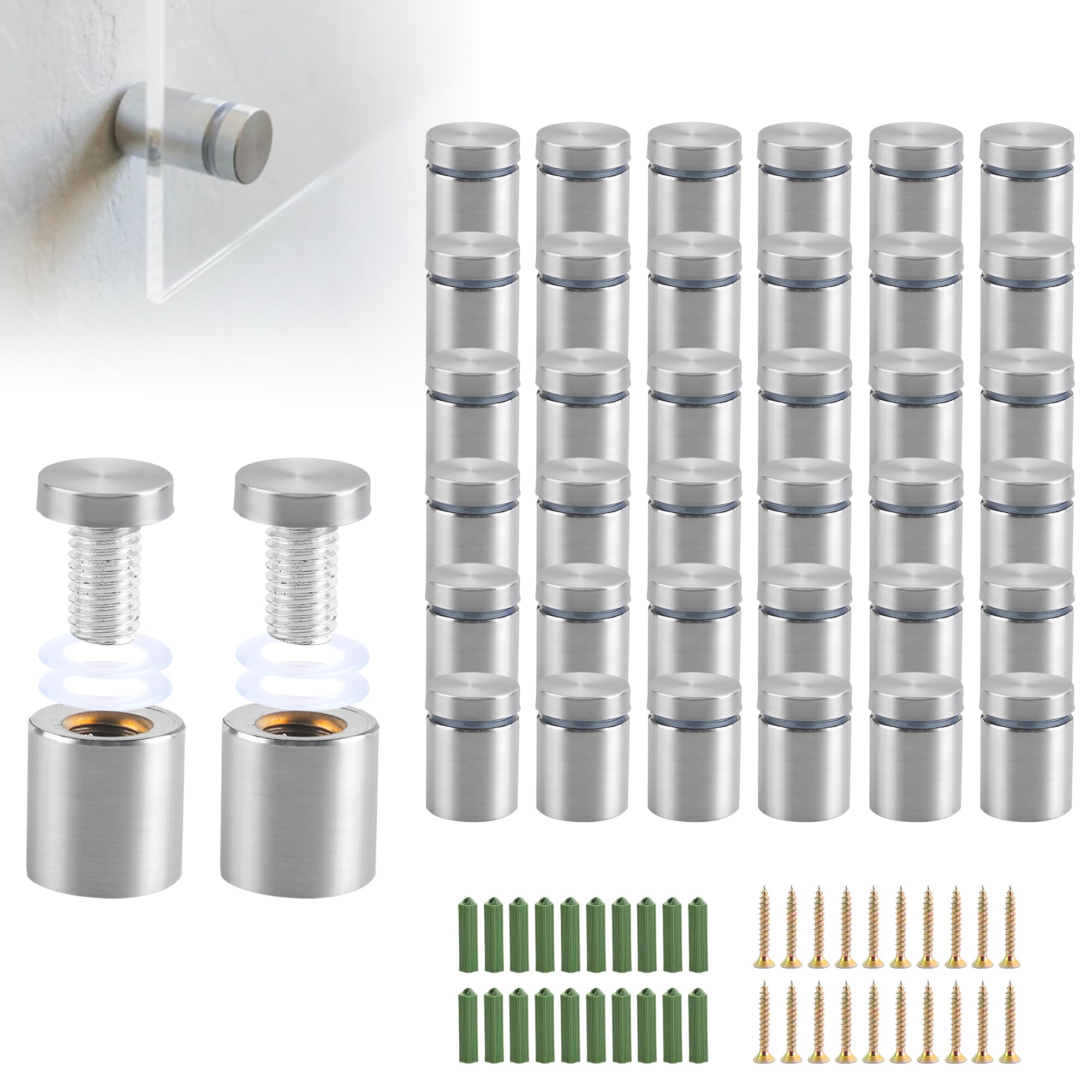 YKUKIZEE 36 PCS Stand Off Sign Fixing 19x25 mm Stainless Steel Advertising Nails Advertising Screw Stand Off Fixings Bolts Silver for Wall Display Poster Billboard — image 1