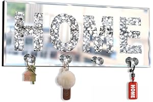 ST3000 Crush Diamond Mirrored Home Letter Plaque Sign for Wall Decor, Crystal Clear Hooks Key Holder Key Hanger, Silver Mirror Decoration Wall Art, Wall Mounted Home Decor 15"×5.9"×1.6"
