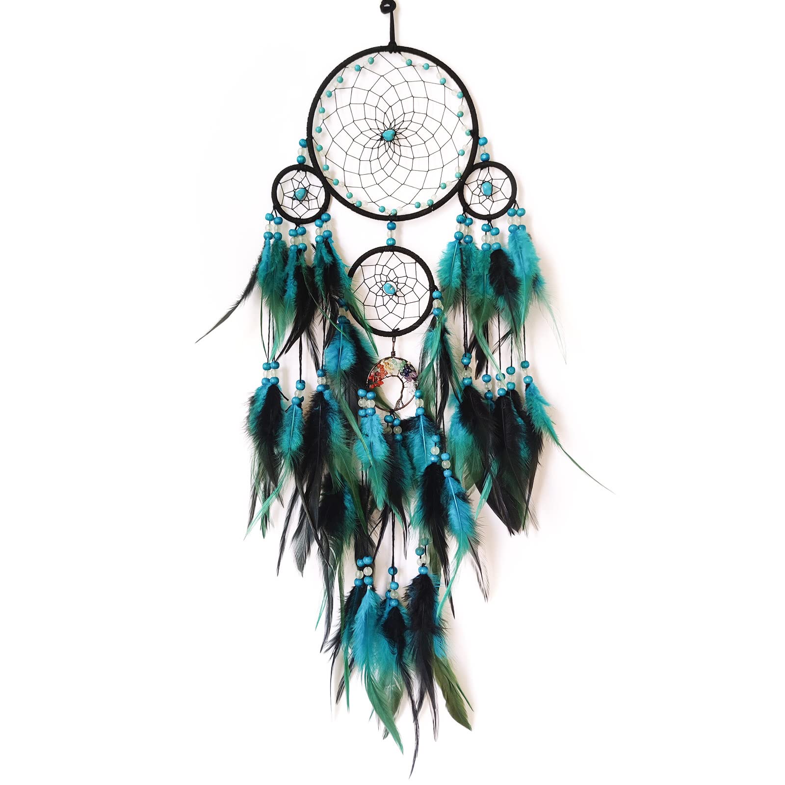 Donko Blue and Black Dream Catcher with Crystal Tree of Life Large Dream Catchers Wall Decor Handmade Feather Dreamcatcher Wall Hanging Ornament for Bedroom Living Room Home Decor