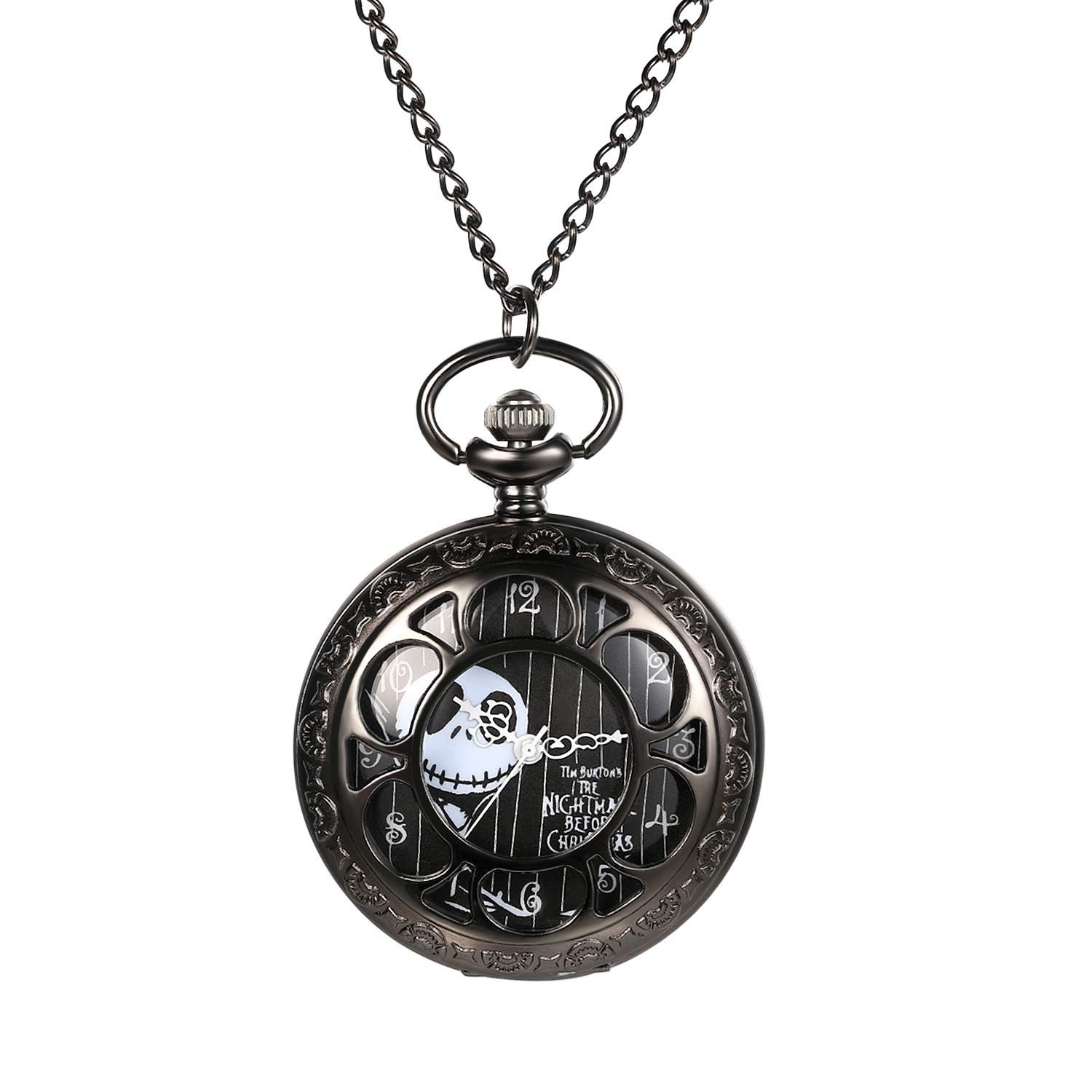 JewelryWe Nightmare Before Christmas Pocket Watch Vintage Pocket Watch with Chain Men Women Necklace Watch for Xmas