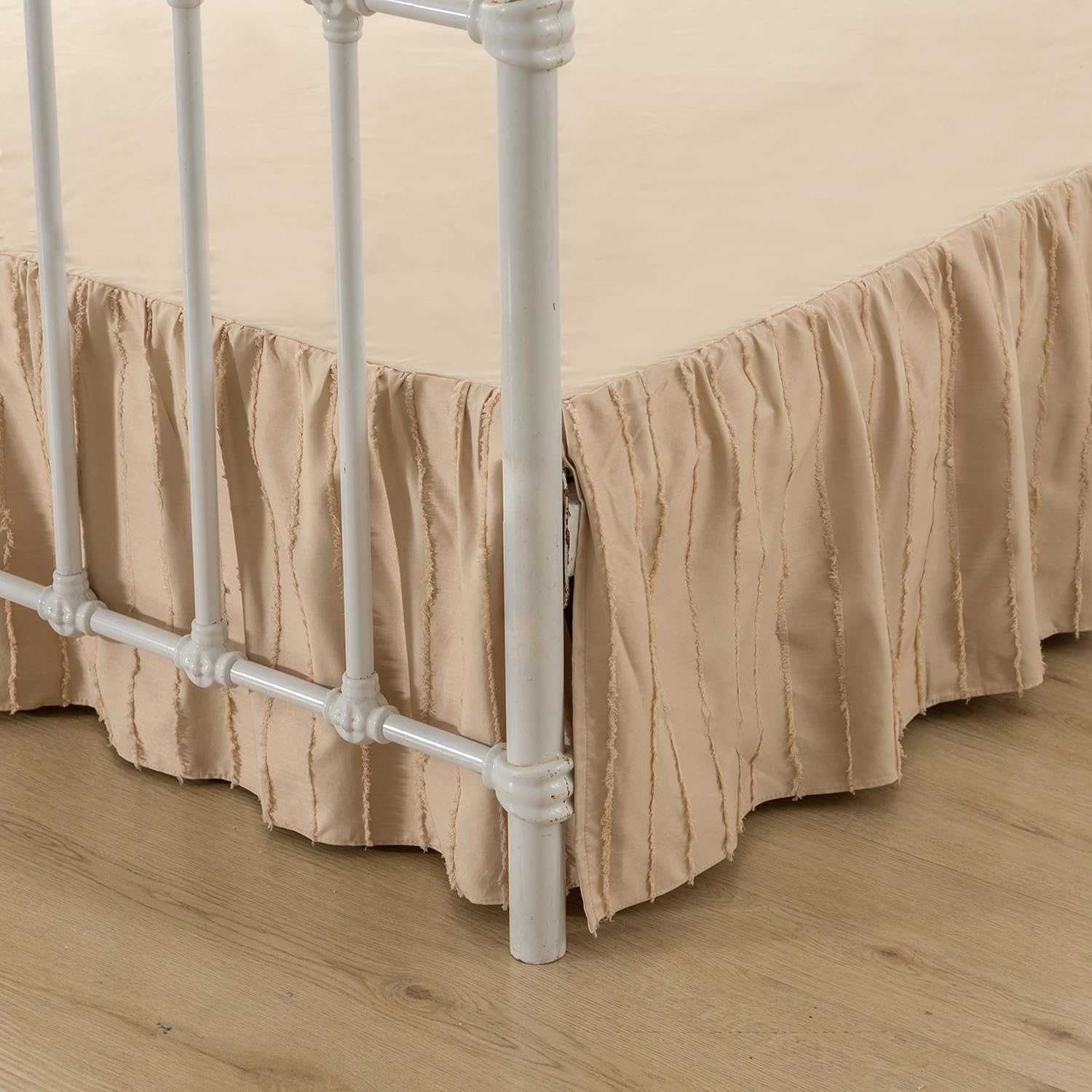 Bed Skirt Full Size, Ruffled Bed Skirt with Split Corners, 12 Inch Drop Bed Skirting with Platform, Striped Boho Tufted Full Bed Skirts, Striped, Light Camel, 12'' Full