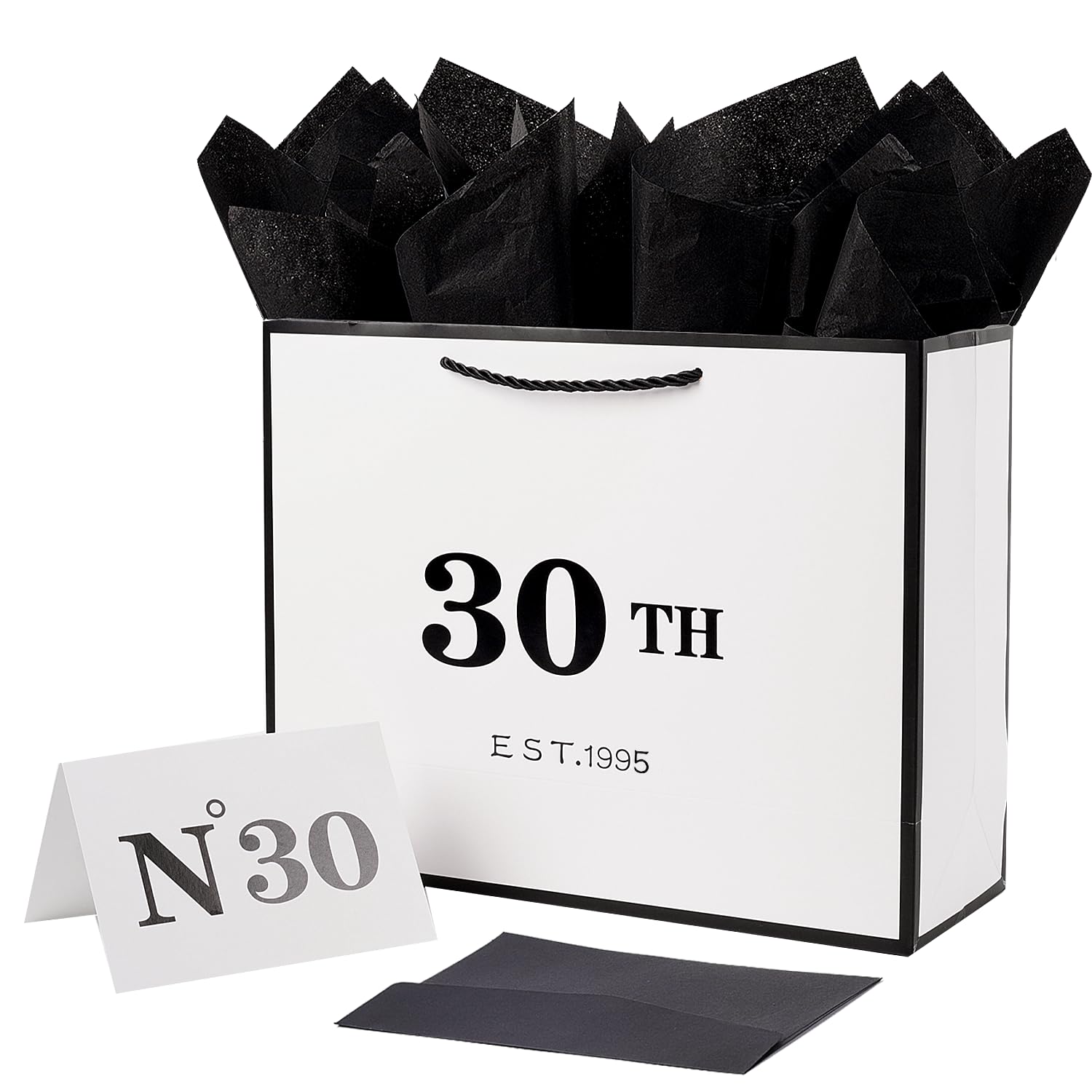 Photo 1 of 30th Birthday White Black Large Gift Bag with Card and Tissue Paper, Metallic Printing Keepsake Gift Vintage Bag for Men Women, 1995 Wife Husband 30 Year Old Party Paper Bag for Gifts Wrapping.