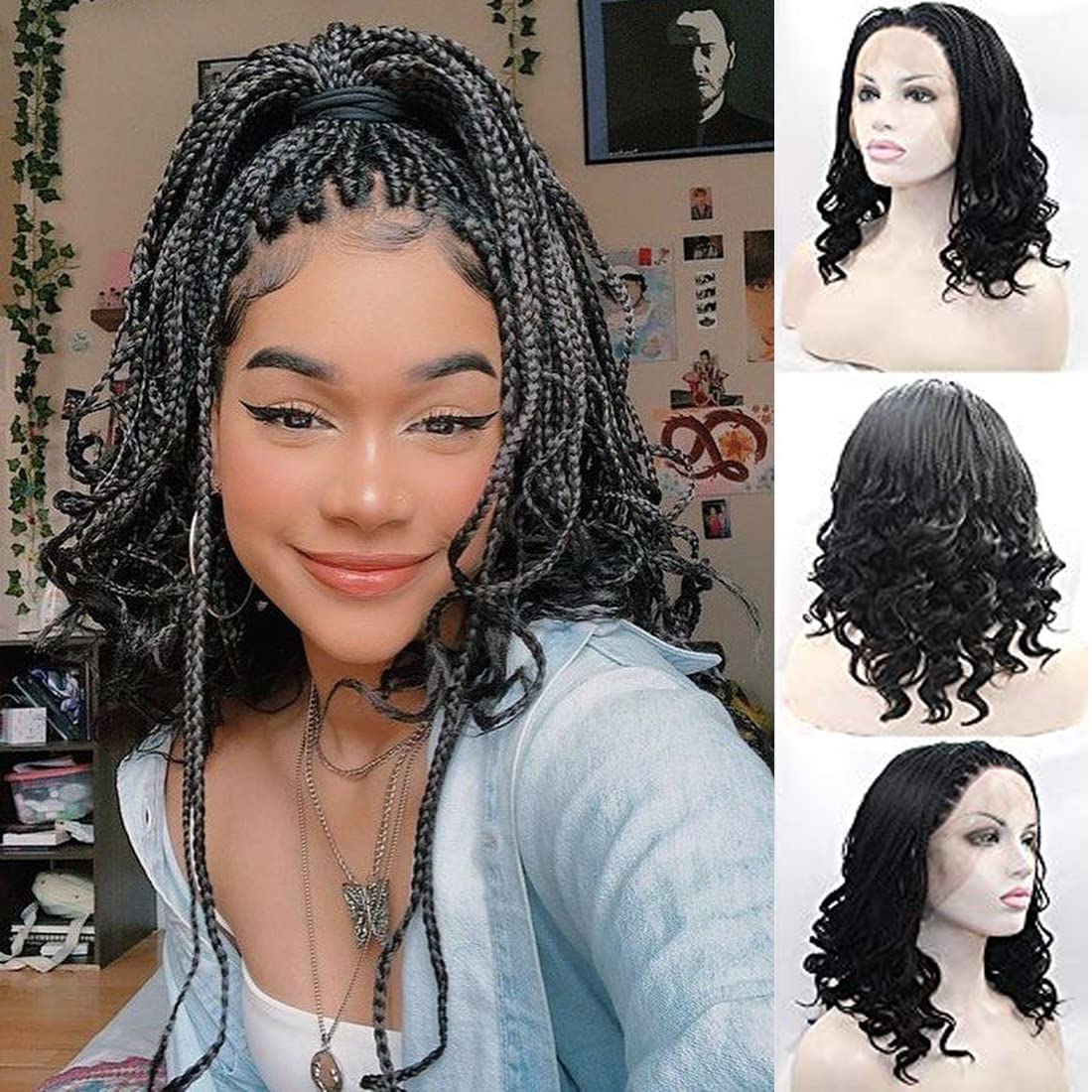 Black Box Short Braids Wigs for Black Women Knotless Full Lace Braided Curly Wig Lace Front Wig Glueless Micro African Braid Real Hair Wigs Natural Hairline Synthetic Drag Cosplay Daily 18 Inch