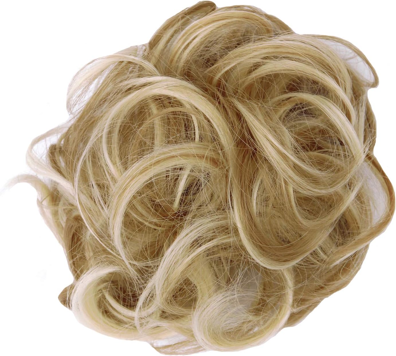 PrettyWit Hair Bun Extensions Wavy Curly Messy Chignons Piece Wig Hairpiece Scrunchy Scrunchie Updo Ribbon Ponytail-Lightest Ash Brown & Bleach Blonde 18H613