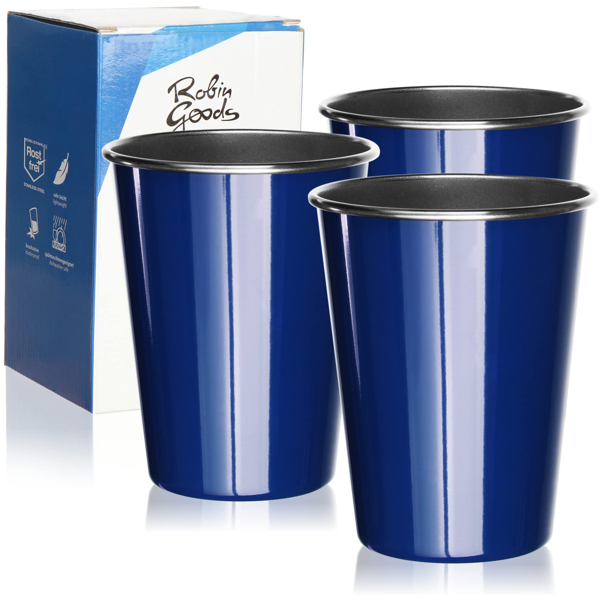 Robin Goods® 3X Stainless Steel Drinking Cups Blue - Cups 500 ml - Camping Cups - shatterproof and BPA-Free (03 Pieces - Blue)