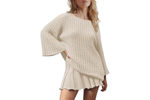 LAMISSCHE Womens Lounge Set Oversized 2 Piece Sweater Skirt Sets Long Sleeve Knit Top Pleated Skirts