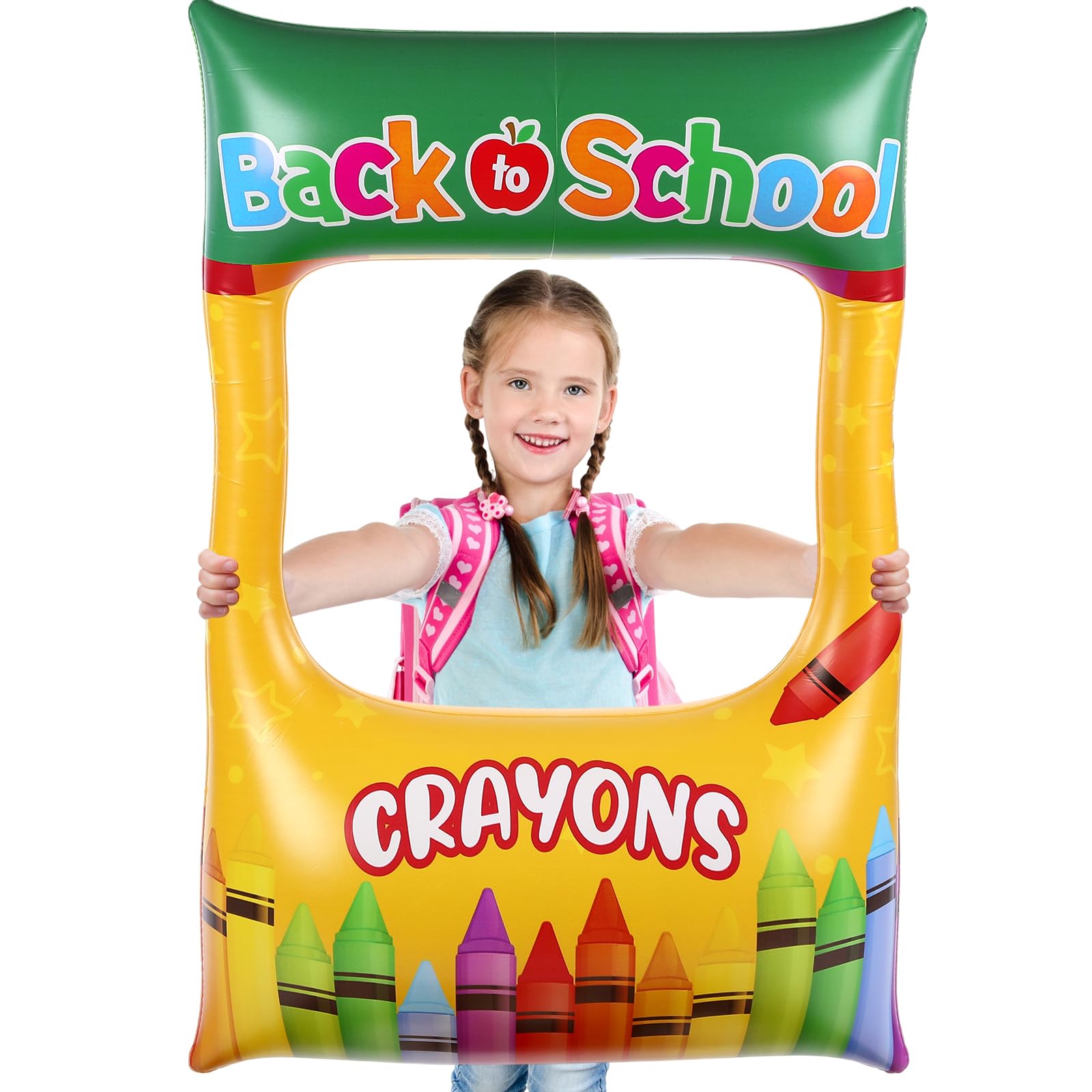 Photo 1 of Realspring Back to School Decorations Inflatable Balloons Photo Booth Props Frame 40'' Apple Photo Props Pencil Selfie Frame Welcome First Day of School Picture Selfie for Party Decoration (Crayons)