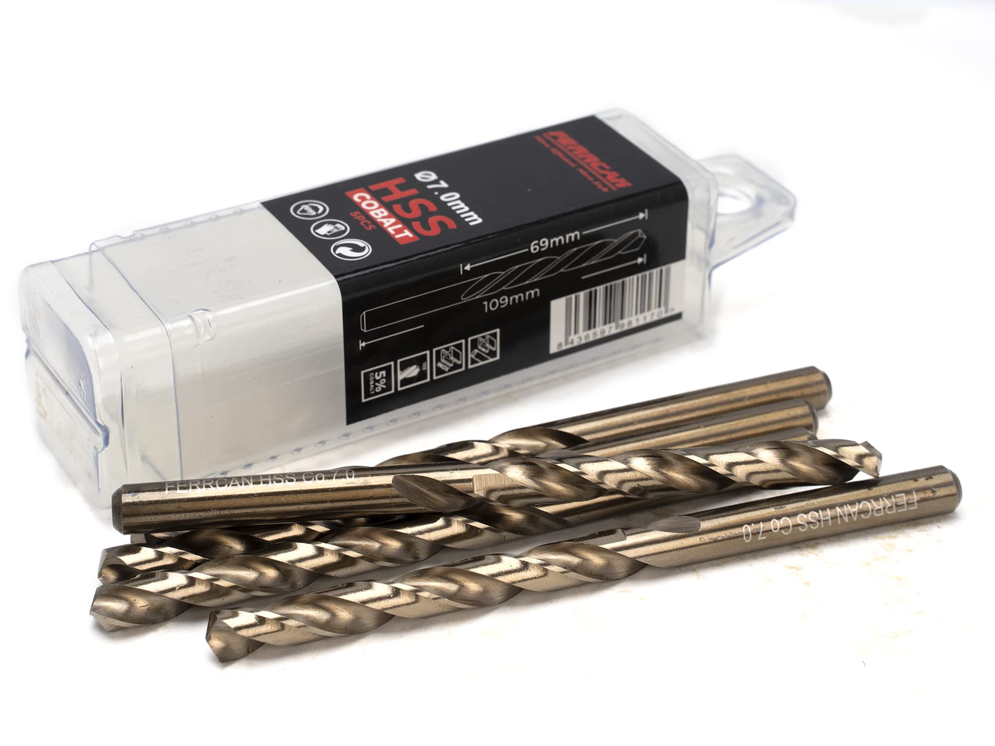 Ferrcan HSS Metal Drill Bits DIN338 M35 Cobalt 7-13mm (Pack of 5) (7mm)