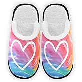 FENOCHE Rainbow Background Heart Plush Slippers for Women Men Warm Comfortable Travel Spa Slipper Non-slip House Shoes