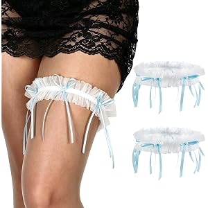 2pcs White Tulle Ruffle Wedding Garter for Bride with Blue Satin Bows and Pearls - Something Blue for Bride Wedding Day Acces