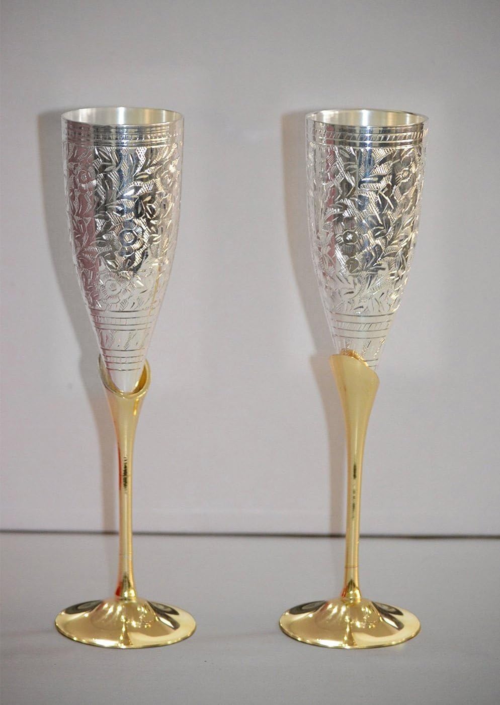 Avs Stores ยฎ Engraved Silver Plated Pure Brass Premium Goblet Champagne Flutes Coupes Wine Glass(Set Of 2)