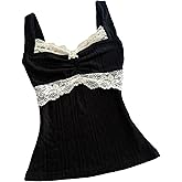 Sunloudy Women Coquette Grunge Tank Tops Vintage Aesthetic Lace Trim Camisole Ribbed Knit Slim Fit Fairy Shirt Clothes