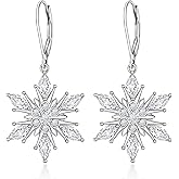 EVER FAITH Dainty White Cubic Zirconia Hoop Dangle Snowflake Earrings 925 Sterling Silver Leverback French Hook Winter Party Christmas Jewelry Gifts for Women